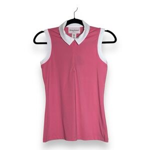 Tommy Bahama Women's XS Golf Polo Sleeveless Collared Zip Up Pink White UPF New